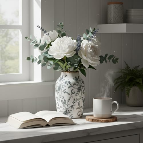 SIDUCAL Ceramic Vintage Vase, 7 Inch Retro Ice Cracked Chinoiserie Floral Vase, Rustic Farmhouse Vases for Home Decor, Bookshelf, Office, Garden, Chinoiserie Decor, Tuscan Decor, Gray Floral Pattern - Image 5