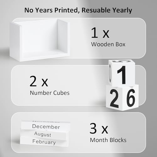 Wooden Block Calendar for Desk, Small Size Daily Desktop Perpetual Desk Calendar, Cute Date Display Desk Accessories for Home Office Decor, Teacher, Classroom, Reusable Yearly, White - Image 4