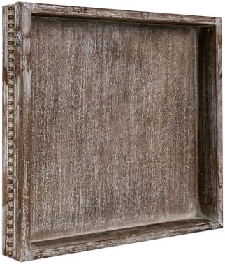 Wooden Decorative Tray, Small Serving Tray with Wood Bead, Farmhouse Big Tray for Ottoman, Countertop, Coffee Tabl, 13" x 13"x 1.6" (Retro Brown) by CEDARLUX