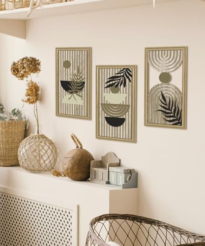 Putuo Decor Boho Abstract Wall Art, Set of 3, Modern Geometric Botanical Wooden Wall Decor, Mid-Century Minimalist Framed Artwork, Neutral Toned Aesthetic Prints, for Living Room, Bedroom, Office - Image 5