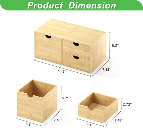 Bamboo Desk Organizer with Drawers, Desktop Storage Box for Office Supplies - Image 3
