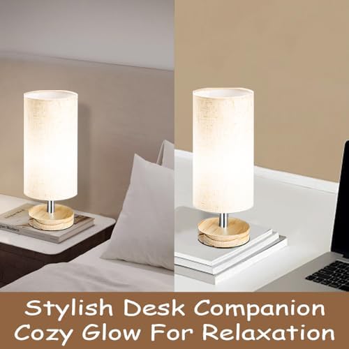 Bedside Table Lamps, Table Lamp for Bedroom, Lamps for Night Stands with Linen Lampshades, Small Table Lamp for Living Room, Office (Bulb Excluded) (Wood) - Image 7