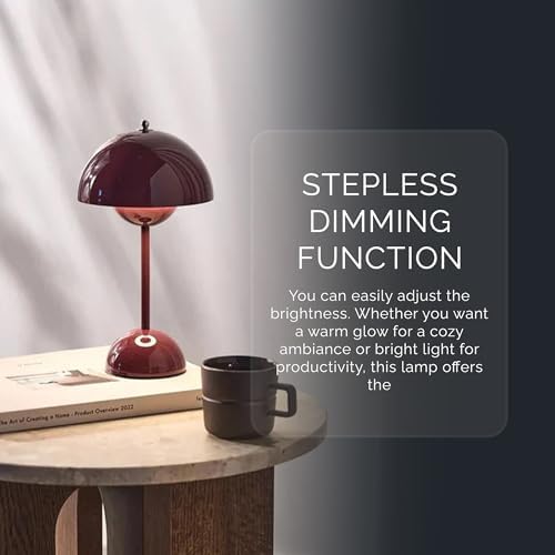 Lucido NordGlow Table Lamp - Cordless Rechargeable Mushroom Dome Lamp, Dimmable Touch LED with Warm Ambient Glow, Modern Mid-Century Accent Light for Bedroom, Desk, Bar & Nightstand (Red) - Image 4