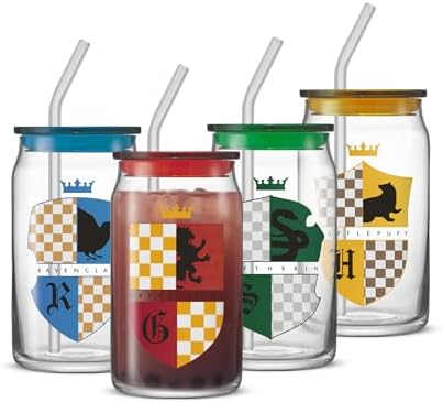 JoyJolt Harry Potter House Crests Glass Tumblers with Lids and Straws, 16oz Glass Cups with Lids and Straws, Can Shaped Drinking Glasses Set of 4, Hogwarts Cup, Harry Potter Merchandise by JoyJolt