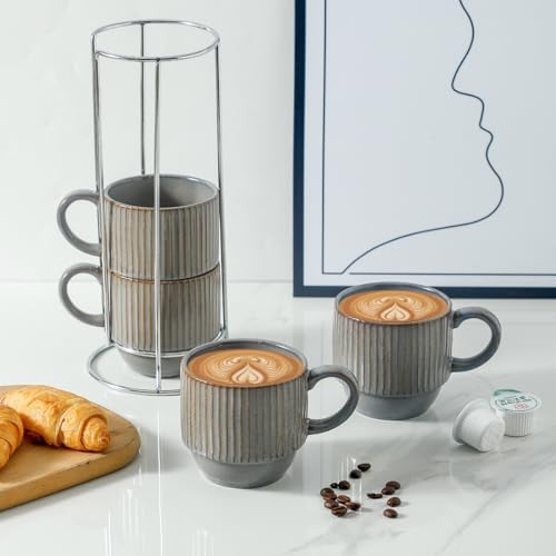 Hasense Porcelain Coffee Mugs, 12 oz Stackable Coffee Cups Ceramic with Steel Rack, Modern Ribbed Latte Cup Sets for Cappuccino, Tea, Espresso, Hot Cocoa, Drinks - Dishwasher & Microwave Safe, Brown - Image 2