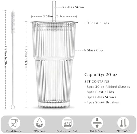 INSETLAN 8-Piece Glassware Set – 20 oz Ribbed Glass Tumblers with Lids and Glass Straws, Heavy-Duty Tumblers, Ideal for Iced Coffee, Smoothies, Cocktails, and Juices – Elegant and Durable Drinkware - Image 3
