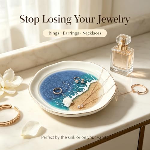 Handmade Ocean Resin Art Jewelry Tray – Premium Ceramic Ring Dish with Gold Edge, Artisan Beach Wave Jewelry Holder, Unique Decorative Trinket Tray for Vanity (S) - Image 7