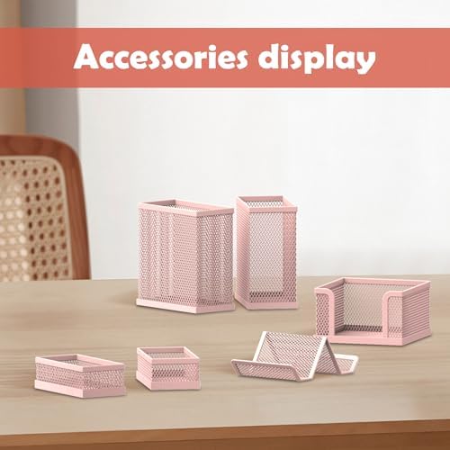 Pen Holder for Desk, 6-Piece Mesh Desk Organizer with Phone Holder, Pink - Image 2