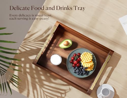 Acacia Wood Serving Tray with Metal Handles, 17x13in Large Ottoman Tray, Food Drinks Tray for Coffee Table, Breakfast, Dinner & Bar, Rustic Decorative Tray for Kitchen, Bedroom Gift Box - Image 4