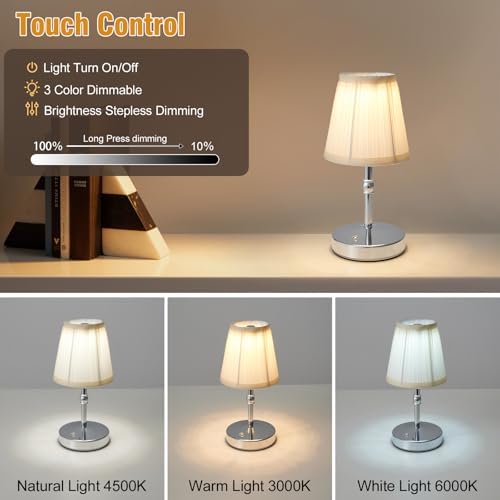 3000 mah Battery lamp,5W LED Small Touch Lamps,3 Color Temperature Dimmable Rechargeable Lamp,Cordless Lamp for Kitchen,Mini Lamps for Small Spaces (Chrome,2 Pack) - Image 3