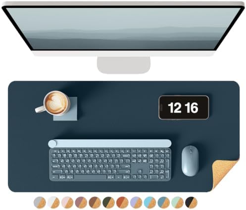 YSAGi Double-Sided Desk Pad, 23.6"x13.7"Leather Desk Mat, Eco Cork Desk Pad Protector,Large Mouse Pad,Waterproof Desk Blotter for Office/Home(Dark Blue) by YSAGi