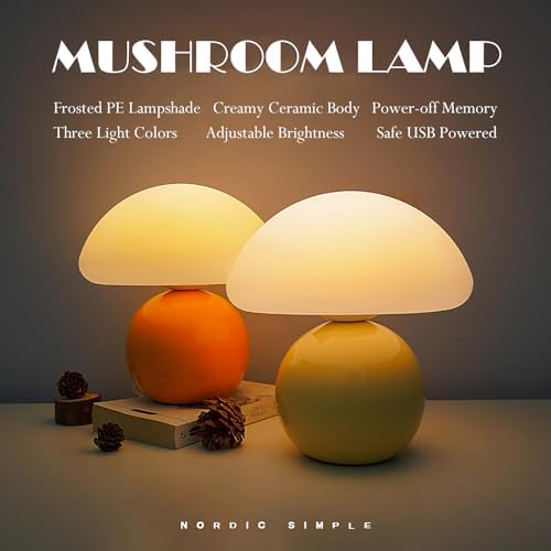 Cute Small Mushroom Lamp, PE Lampshade, Ceramic Base, Adjustable Light Color and Brightness with Power-Off Memory, Safe USB Powered, LED Mushroom Light for Bedroom Living Room (Orange) - Image 2