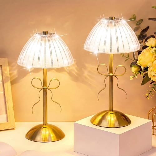 Liliful 2 Pcs Cordless Table Lamp LED Touch, Gold, Mushroom Style Bow by Liliful