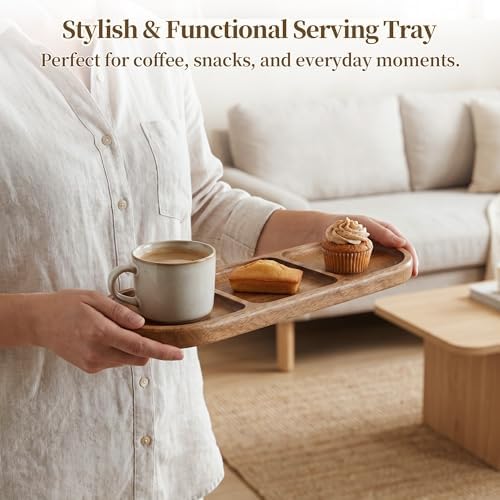 Small Wooden Tray | Acacia Wood Tray for Vanity, Bathroom Counter, Coffee Table & Toilet | Perfect for Jewelry, Key & Catch All | Mini Charcuterie Board Serving Platter (Oval 3-Compartment) - Image 4