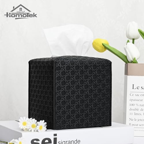 HOMOTEK 1 Pack Tissue Box Cover, Square PU Leather Tissue Holder, Decorative Facial Tissue Cube Paper Organizer Dispenser for Bathroom, Night Stands, Desk, Car 5X5X5'' - Rattan Weave, Black - Image 3