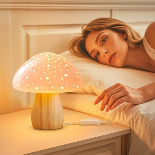 BOHON Mushroom Lamp Ceramic Bedside Table Lamp, Pink - Image 4
