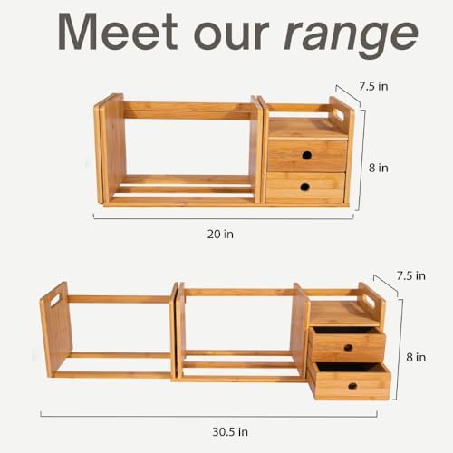Desktop Bookshelf Expandable with Two Drawer Organizers Made of Bamboo, Collapsible Design & Compartments for Efficient, Clutter-Free Workspace Organization - Sleek Bookshelf - Image 3