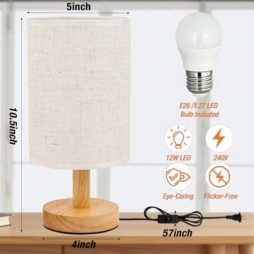 Desk Lamp LED Bulb Included, Small Bedside Table Lamp Plug-in - Classic Wood Base with Flaxen Fabric Shade, Lamps for Night Stands, Simple Nightstand Light for Bedroom, Office, Desk - Image 2