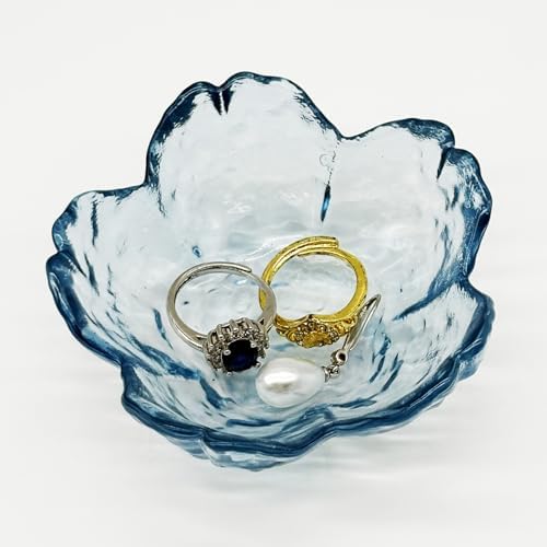 Flower Ring Dish Jewelry Tray, Glass Jewelry Dish Tray, Aesthetic Room Decor Small Trinket Dish, Nightstand Jewlery Ring Holder Dish, Bathroom Jewelry Plate Bowl for Rings Earrings Wife Gift (Blue) by BESSKON
