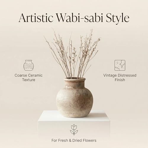 Farmhouse Table Vase, 5.7 Inch Ceramic Pot, Rustic Boho Terracotta Decor for Shelf, Mantel, Bookshelf, Living Room, Handmade Aged Look Centerpiece - Image 4