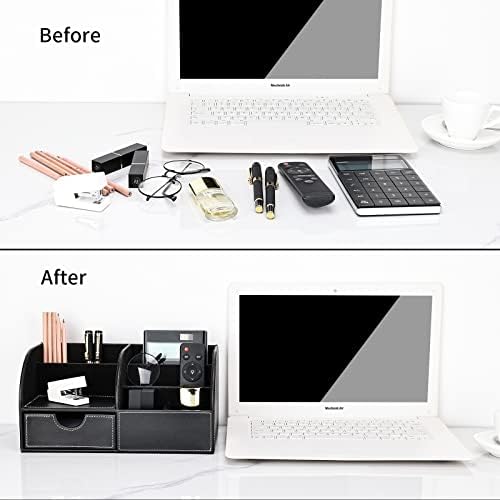 KINGFOM Pu Leather Desk Organizer Pen Pencil Holder Office Supplies Caddy Storage Box 6 Compartments with Drawer Black - Image 7