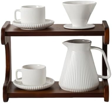Pour Over Coffee Maker Set, 22OZ Ceramic Pour Over Coffee Dripper with Acacia Wood Stand and 5OZ Cups and Saucers Set of 2, Size 02 by AYUCIAPremiumCeramic