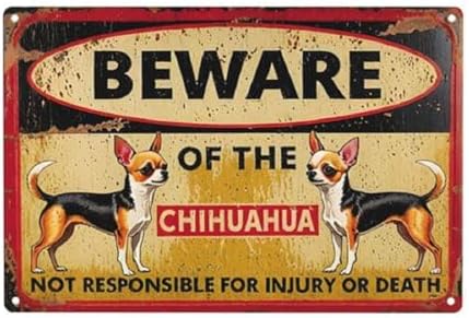 Metal SignTin Signs Beware Of The Dog Chihuahua Sign Metal Tin Signs Outdoor Yard Sign Warning Sign For Fence Yard Home Kitchen Farm Garage Garden Wall Decor 8x12 Inch by C-CHAIN
