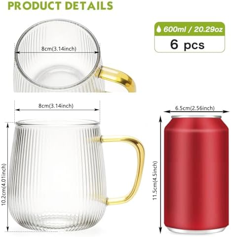 Greentainer Borosilicate Glass Coffee Mugs Set of 6, 20 oz Large Ribbed Drinking Water Glasses, Clear Tea Cups with Handle for Latte, Cappuccino, Hot/Cold Beverages, Dishwasher Safe Glassware - Image 3