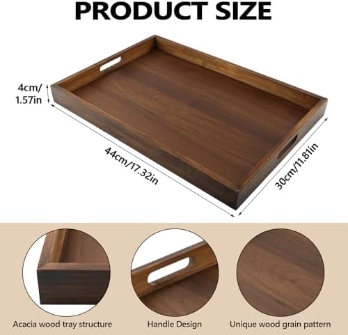 Acacia Wood Serving Tray with Handles, 17"x12" Large Rectangular Decorative Wooden Tray, Coffee Table Tray for Breakfast, Drinks, Snacks in Bed, Decorative Wooden Tray for Home - Image 7