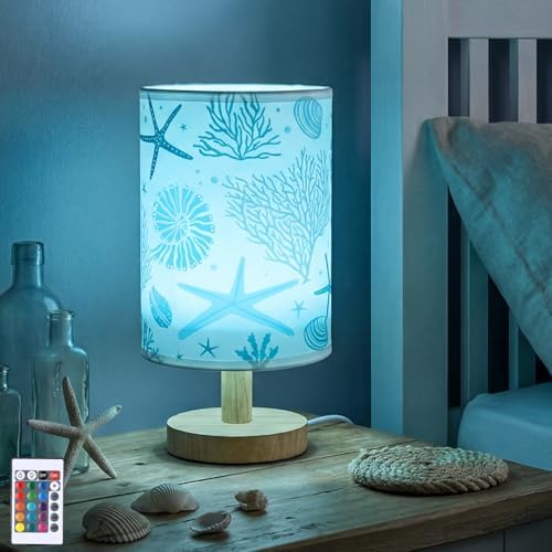 VIHOSE Table Lamp Beach Starfish Seashell Blue Night Light with Wood Base by VIHOSE