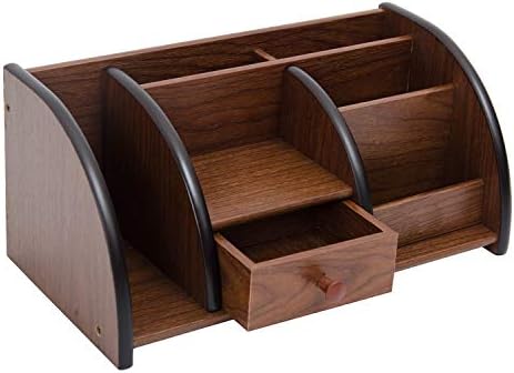 Cherry Brown Wood Desktop Organizer Multiple Compartments Stepped Racks Drawer Shelf Tabletop Storage Cabinet Stationery Holder Office Accessory Supplies Caddy Sorter Home by EXOLIRY