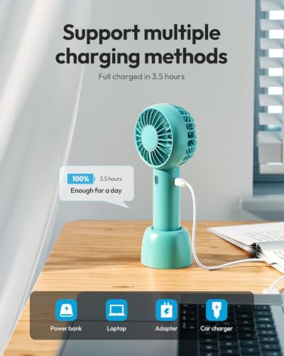Gaiatop Mini Portable Fan, Small and Powerful, Cute Design 3 Speed Personal Handheld fan and Desktop with Base, Lightweight USB Rechargeable for Travel Lash Makeup Girl Women Summer Gift Green - Image 6