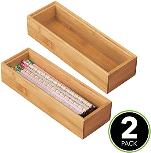 mDesign Wooden Bamboo Office Drawer Organizer Box Tray, Stackable Storage for Drawers, Cabinets, Shelves, Cubby, or Desktop, Hold Pens, Pencils, Supplies, Echo Collection, 2 Pack, Natural Wood Finish - Image 2