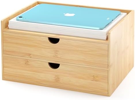 Bamboo Desk Drawer Organizer, Large Desktop Organizer with Drawers Tabletop Storage Organization Box for Office Home Toiletries Supplies Vanity, No Assembly Required (2 Drawer with Shelf) by Wisuce