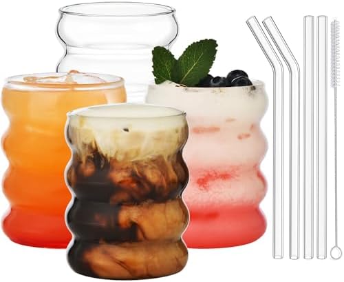 ALINK 16 oz Bubble Drinking Water Glasses Tumblers- Glass Cups Cute Ripple Shaped Vintage Ribbed Glassware- Cocktail,Soda, Juice, Coffee, Milk - Set of 4 by ALINK