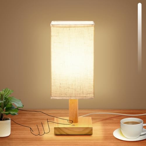 UCHENTON Small Corded Touch Square Table Lamp with Stepless Dimming, Natural Wood Base & Linen Fabric Shade, 5W Ambient Night Light for Bedroom, Bedside, Nightstand, Living Room, Nursery by UCHENTON
