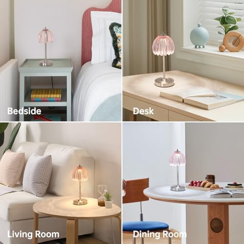 Shenmoyl Tulip Table Lamp with 5200mAh Battery & Touch Control, Cordless Small Table Lamp with 3 Colors, Dimmable Rechargeable Table Lamps for Living Room, Bedroom, Desk, Bedside (Clear Pink Tulip) - Image 5