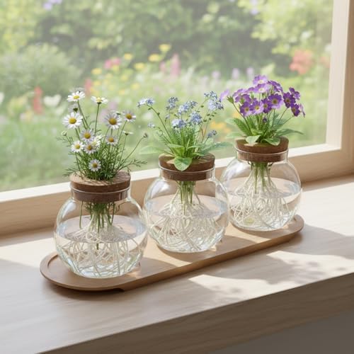 Plant Propagation Station, Glass Propagation Vases with Lid and Wooden Stand, Prop Drops Terrarium Jar for Hydroponics Home Garden Office Decor, 3 Bulb Vase - Image 2