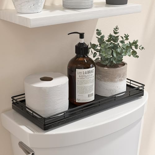 Oak Bathroom Toilet Tank Tray, 13" Wood Toilet Paper Storage Basket Back of Toilet Basket Organizer, Vanity Tray for Perfume Makeup Candle Kitchen Counter Coffee Table Black Tray Decor by Focusonit