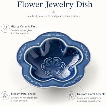 Blue Flower Ceramic Jewelry Dish Tray, Blue Wabi-Sabi Flower Trinket Tray, Glazed Ring Holder Organizer for Earrings Necklace Keys, Minimalist Vanity Decor Catchall Dish, Gift for Women - Image 2