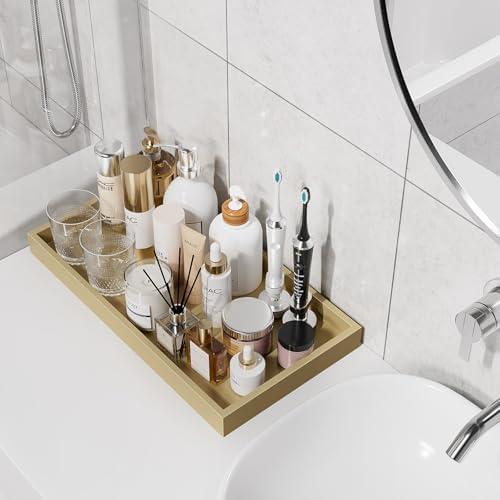 ZHWS Gold Bathroom Vanity Tray for Countertop Perfume Makeup Jewelry Candle Decor, Kitchen Tray for Soap Dispenser Spice Salt, Large Gold Tray for Toilet Tank Paper, Serving Nightstand 13”x6.5” - Image 2