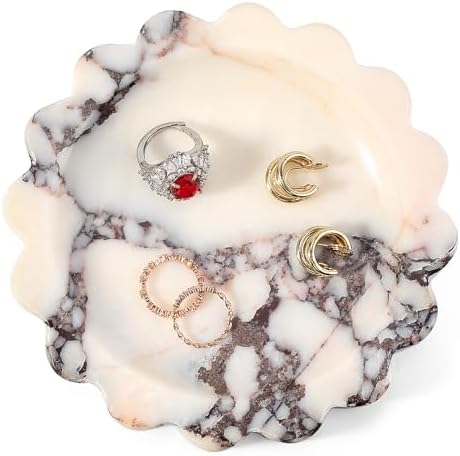Koville 5.51" Scalloped Calacatta Viola Marble Tray, Round Stone Jewelry Trinket Dish for Ring, Natural Small Marble Tray for Bathroom Kitchen Dresser Countertop, Decorative Candle Tray by Koville
