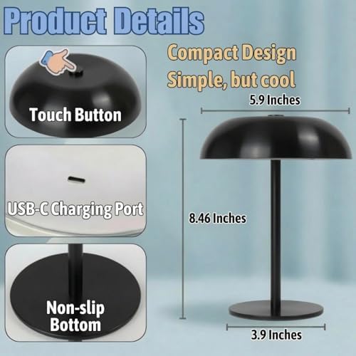 2 Pack Portable LED Mushroom Table Lamp, Metal Cordless Desk Night Light, Stepless Dimming Touch Lamp with 3 Colors for Bedroom Bedside Restaurant Bar, Black - Image 2