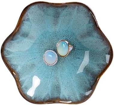 Lotus Leaf Ceramic Jewelry Ring Dish for Women (Sea Blue) by Dazuihou