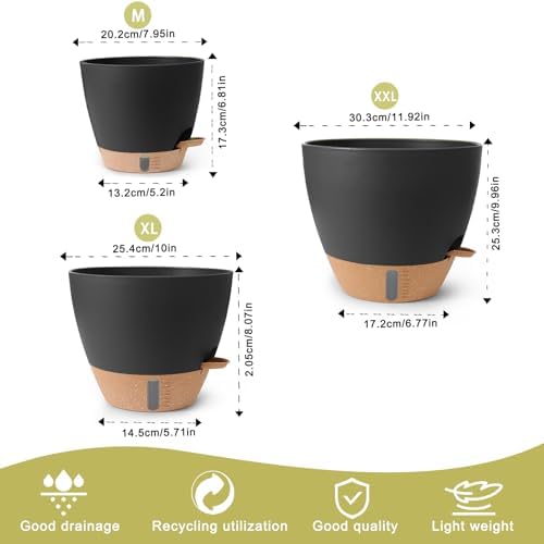 Self Watering Pots for Indoor Plants, 3 Pack 12/10/8 Inch, Large Planter with Water Reservoir, Modern Decorative Flower Pots for Home & Office Black - Image 2