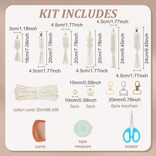 INFUNLY 6PCS Boho White Macrame Keychain Kit Adult DIY Keychain Making Kit Wood Beaded Keychains with Tassel Key Ring for Women for Key Handbags Backpacks Instructions Include - Image 2