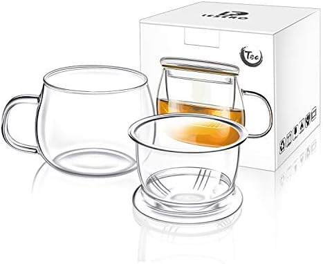 13oz Clear Glass Tea Infuser Cups wtih Filter Basket and Lid for Loose Leaf by LEZERO