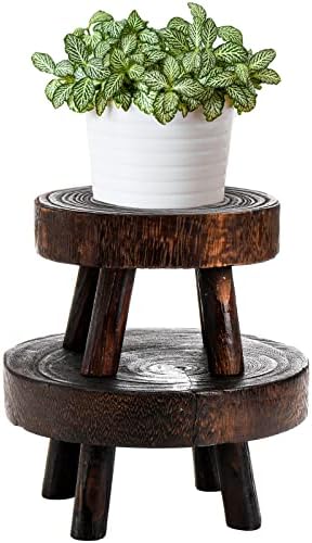 TOPZEA Set of 2 Mini Wooden Stool Display Stand, Wood Riser for Bonsai, Flower Pot, Small Potted Plant Stands Round Rustic Planter Stools Pedestal Risers for Garden, Patio, Home by TOPZEA
