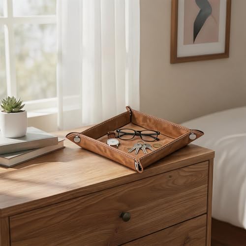 Valet Tray Desktop Storage Organizer – Vegan Leather Catchall Bedside Vanity Tray Nightstand Caddy Holder for Remote Controller, Watch, Keys, Phone, Wallet, Coin, Jewelry, Stone Khaki - Image 4