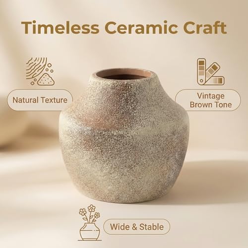 Rustic Vintage BrownTerracotta Pot, 5.3 Inch Aged Ceramic Vase for Dried/Fresh Flowers, Handcrafted Round Planter for Farmhouse, Boho Home Decor, Living Room, Entryway, Airbnb Styling - Image 4